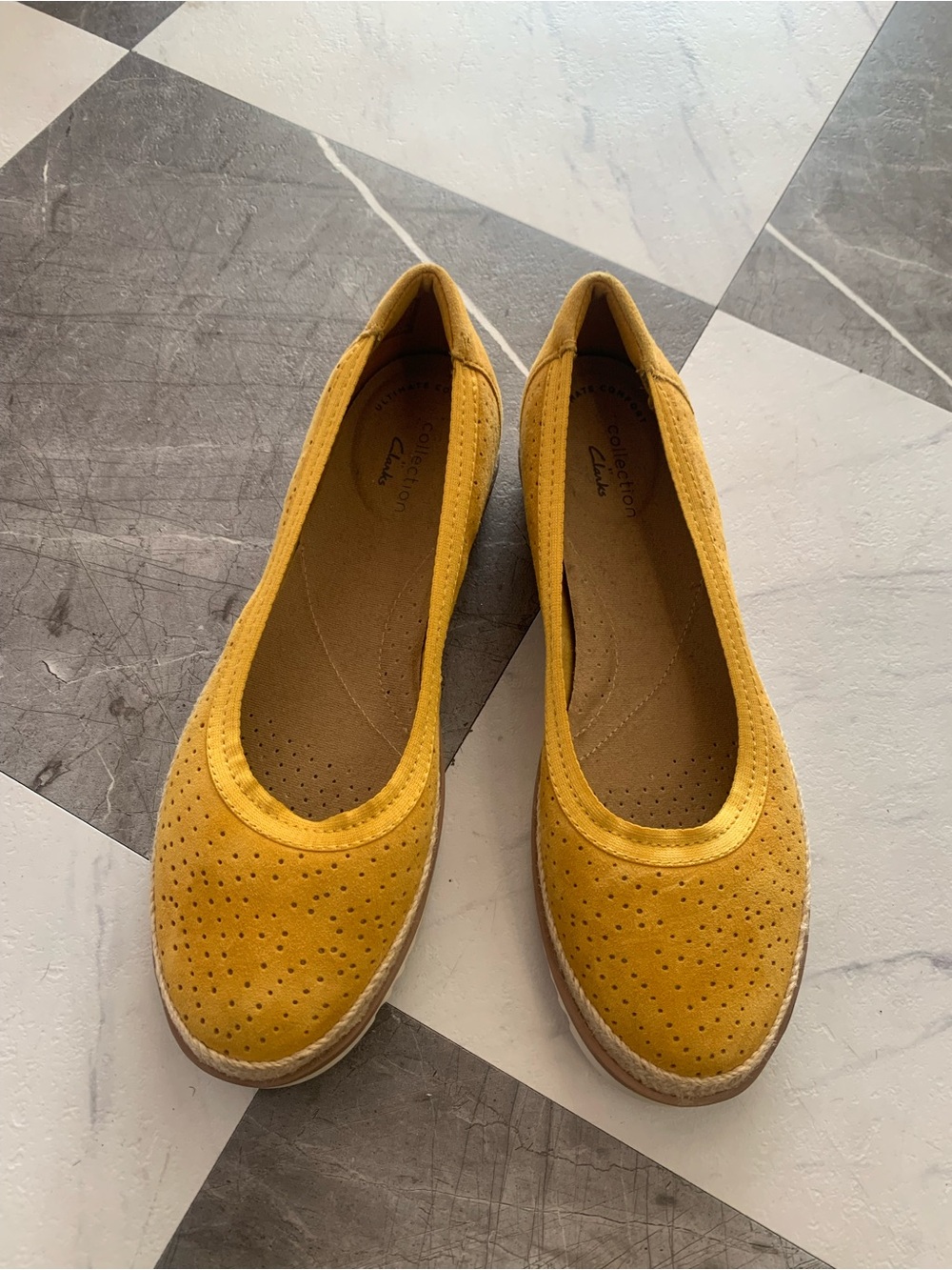 Clarks Mustard Suede Perforated Ballet Flats